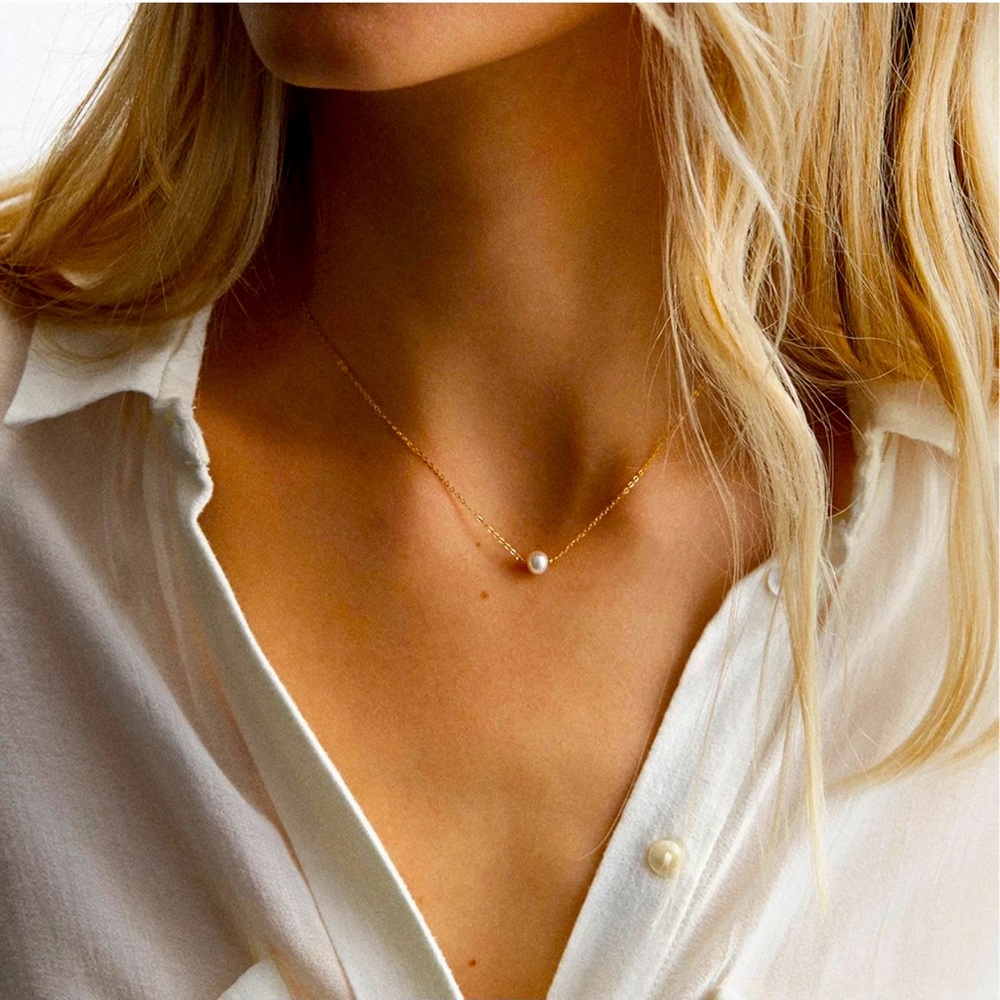14k Gold Plated Chain Single Pearl Necklace